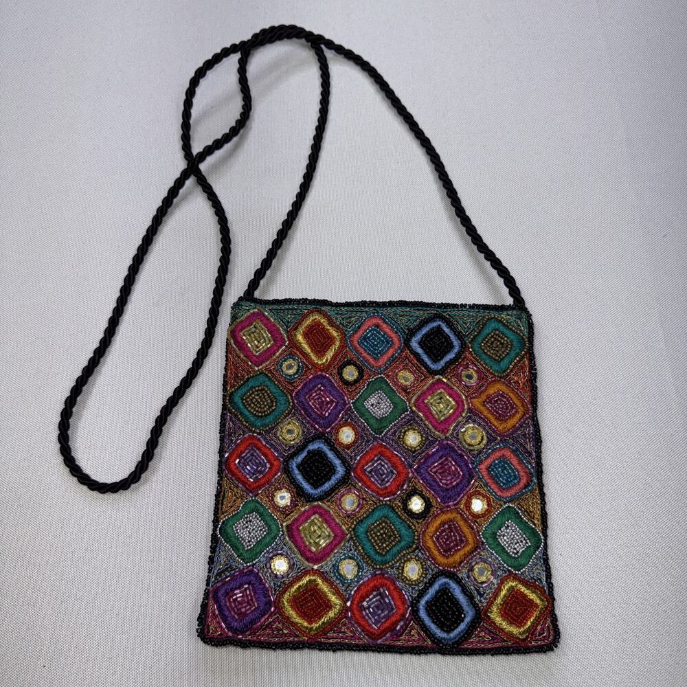 Vintage Indian Beaded Crossbody Bag Mirror Work Geometric Multi-Color 90s Boho